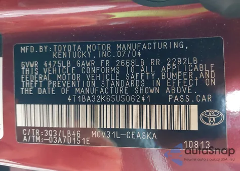 2005 Toyota Camry Se V6 из США, поврежденный, VIN 4T1BA32K65U506241